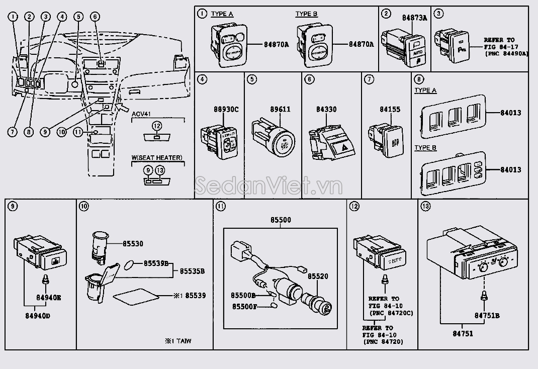 Công tắc điều khiển gương Toyota Corolla Altis 2010-2013
