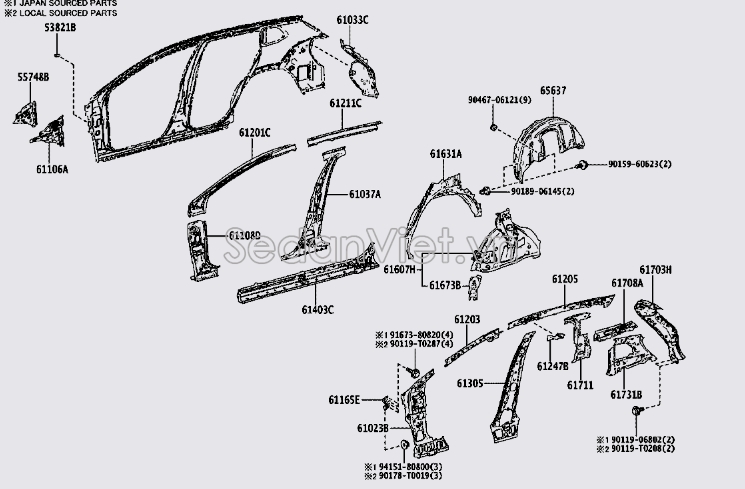 Xương trụ trong sau phần tiếp giáp nóc xe Toyota Corolla Cross 2021-2023