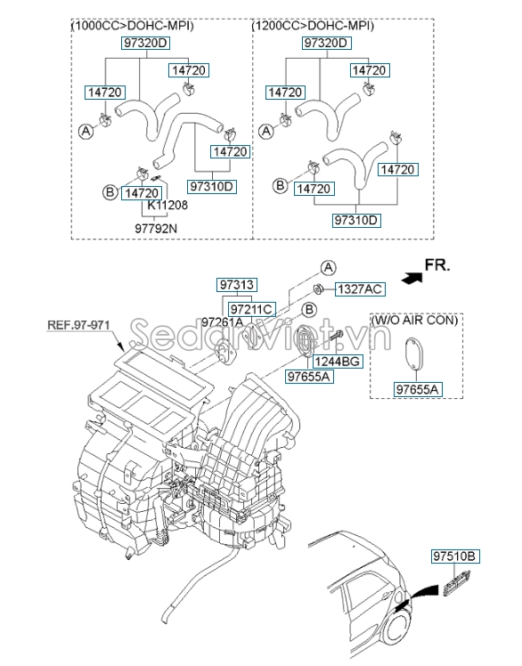 Lỗ thở thoát khí mùi trong xe Hyundai i10 Grand 2014-2016