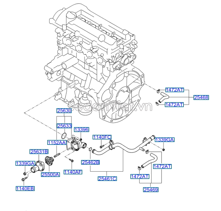 Van hằng nhiệt bắt thân máy Hyundai i10 2010-2012