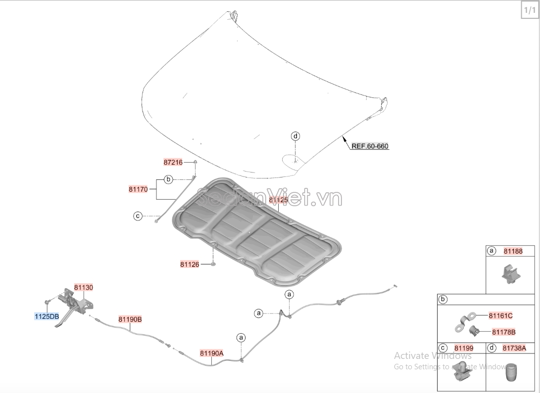 Sơ đồ lắp ráp phụ tùng Cách nhiệt nắp capo