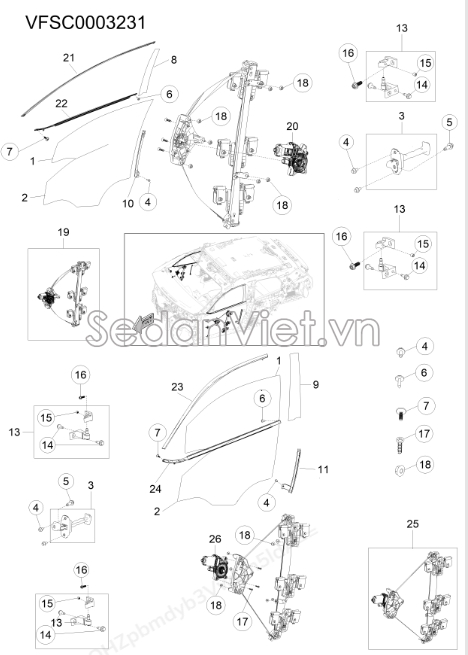Sơ đồ lắp ráp phụ tùng Hệ thống compa kính cánh cửa trước