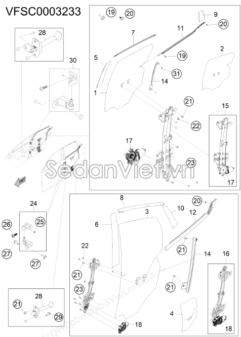 Sơ đồ lắp ráp phụ tùng Hệ thống compa kính cửa sau