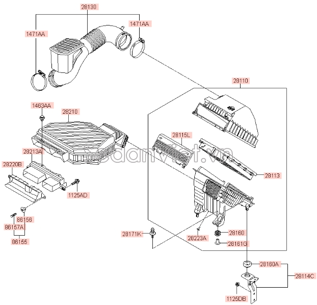 Sơ đồ lắp ráp phụ tùng Hộp lọc gió
