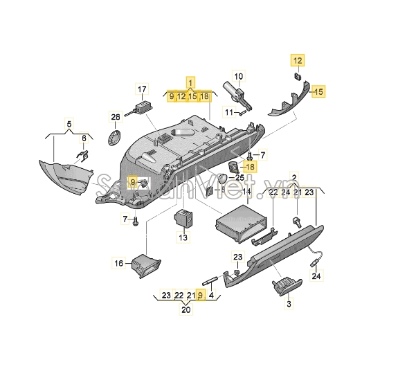 Sơ đồ lắp ráp phụ tùng Khay để dồ ghế phụ