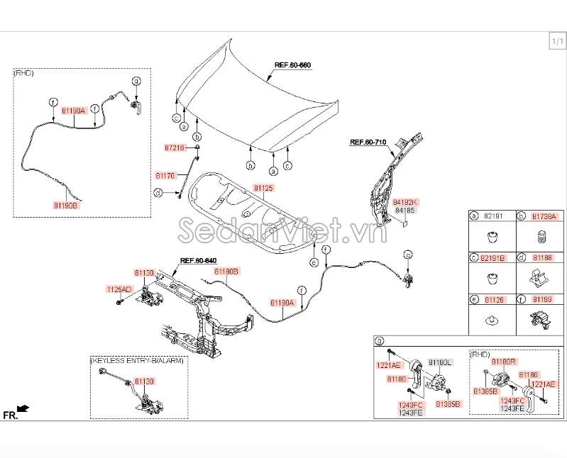 Sơ đồ lắp ráp phụ tùng Ổ khóa ngậm nắp capo