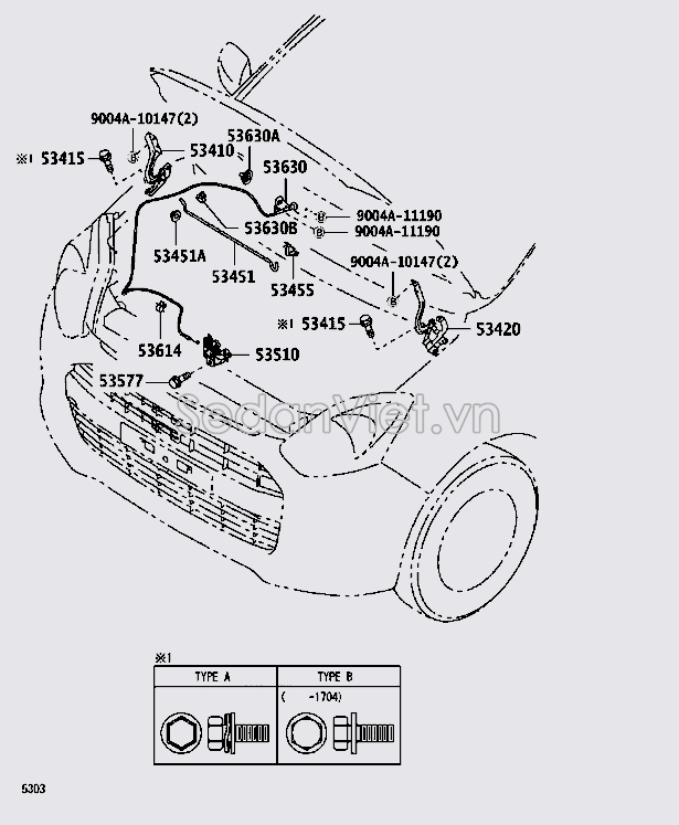 Sơ đồ lắp ráp phụ tùng Ổ khóa ngậm và bản lề capo