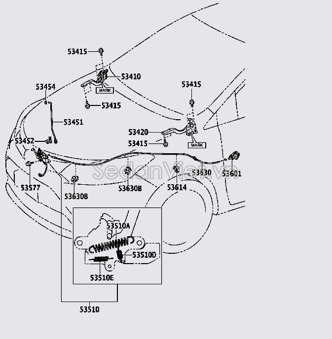 Sơ đồ lắp ráp phụ tùng ổ khóa ngậm và bản lề capo