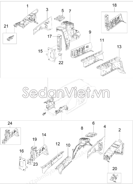 Sơ đồ lắp ráp phụ tùng Tấm khoang động cơ