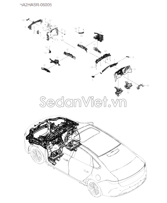 Sơ đồ lắp ráp phụ tùng Xương giằng ngang cản trước